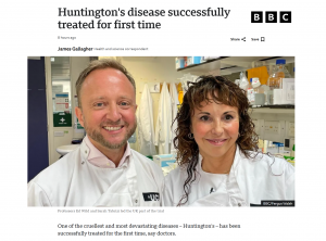 Image of the BBC page announcing treatment for Huntington’s disease